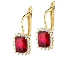 Złote kolczyki z rubinami syntetycznymi i cyrkoniami