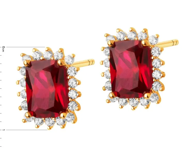 Złote kolczyki z rubinami syntetycznymi i cyrkoniami