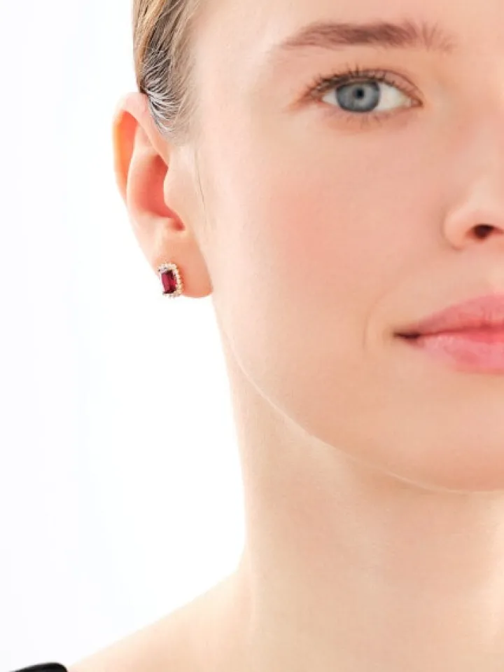 Złote kolczyki z rubinami syntetycznymi i cyrkoniami