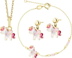 Złote kolczyki, zawieszka i bransoletka z emalią - komplet - jednorożce