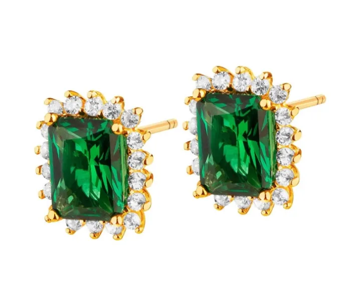 Złote kolczyki ze szmaragdami syntetycznymi i cyrkoniami