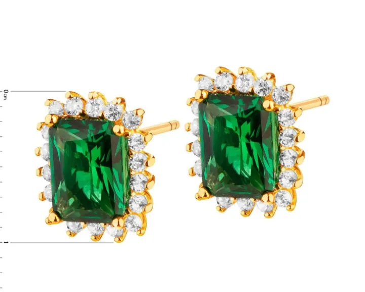 Złote kolczyki ze szmaragdami syntetycznymi i cyrkoniami