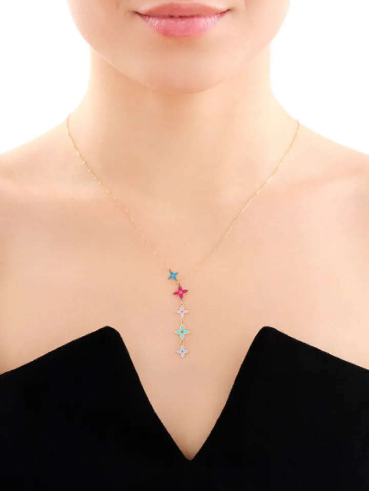 Złoty naszyjnik z emalią, ankier - kwiaty