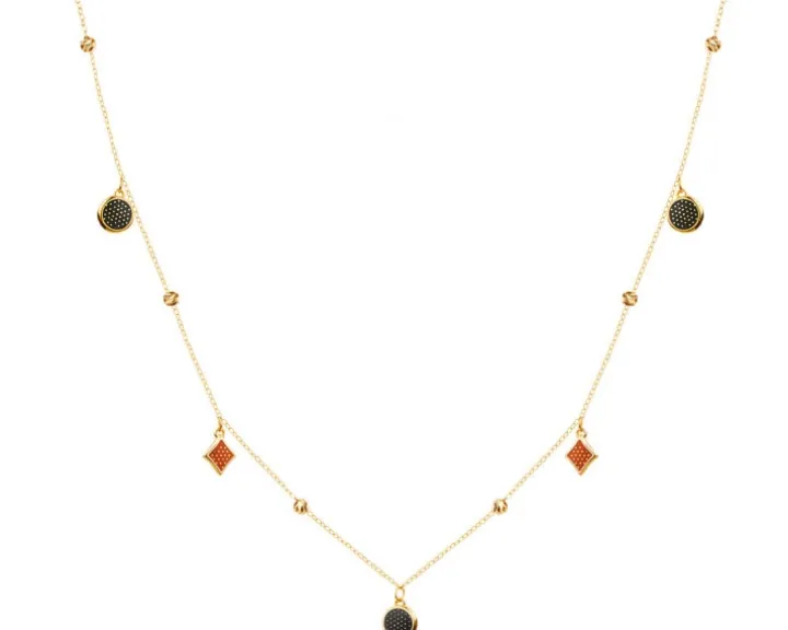 Złoty naszyjnik z malowanymi elementami ozdobnymi, ankier - koła, romby