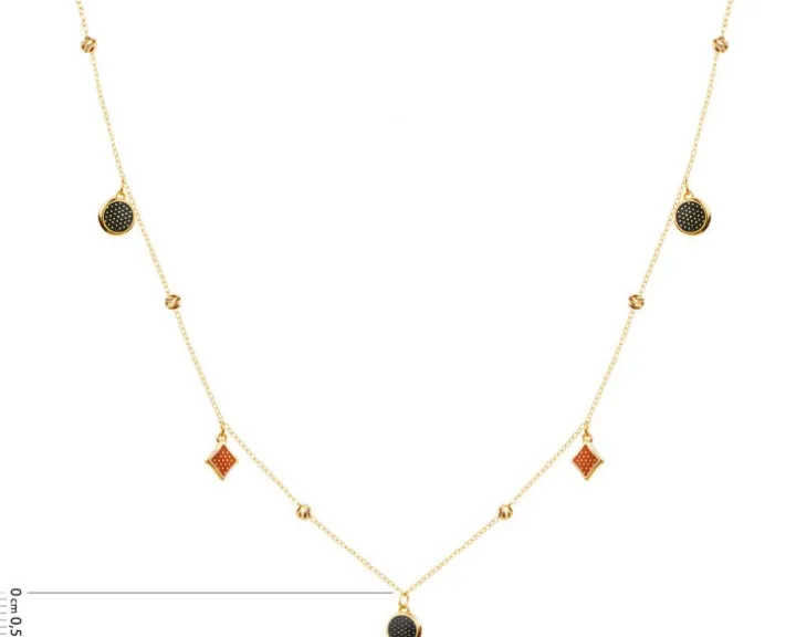 Złoty naszyjnik z malowanymi elementami ozdobnymi, ankier - koła, romby