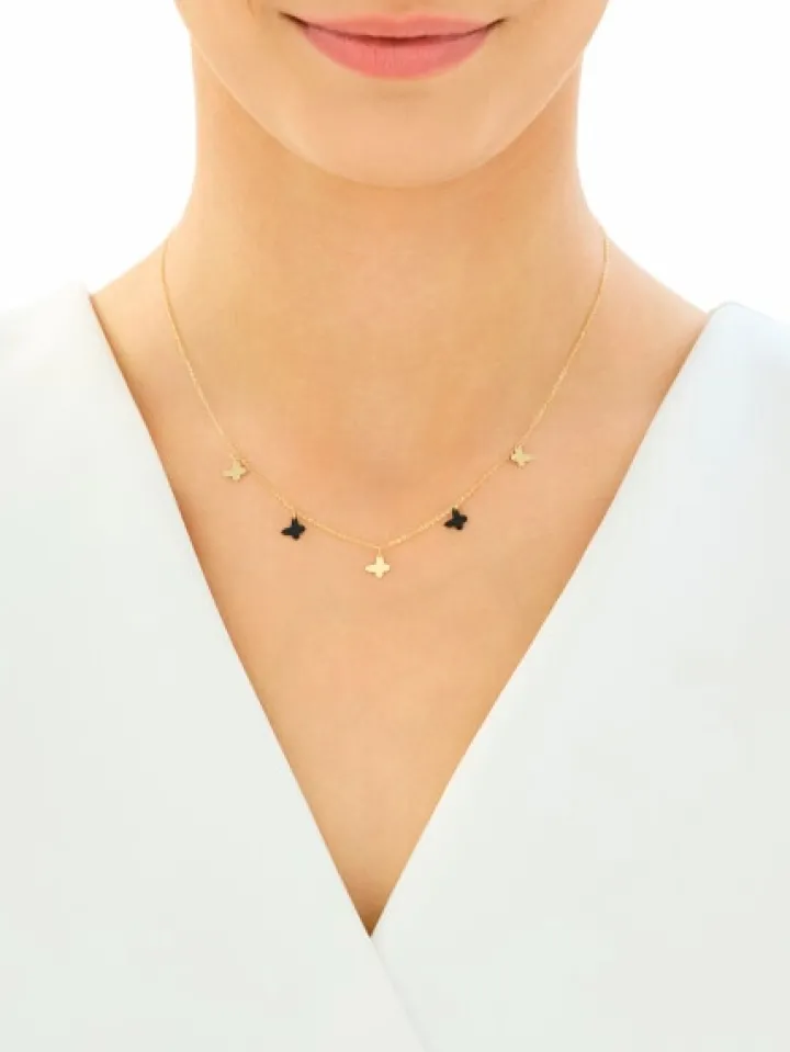 Złoty naszyjnik z onyksami syntetycznymi - motyle