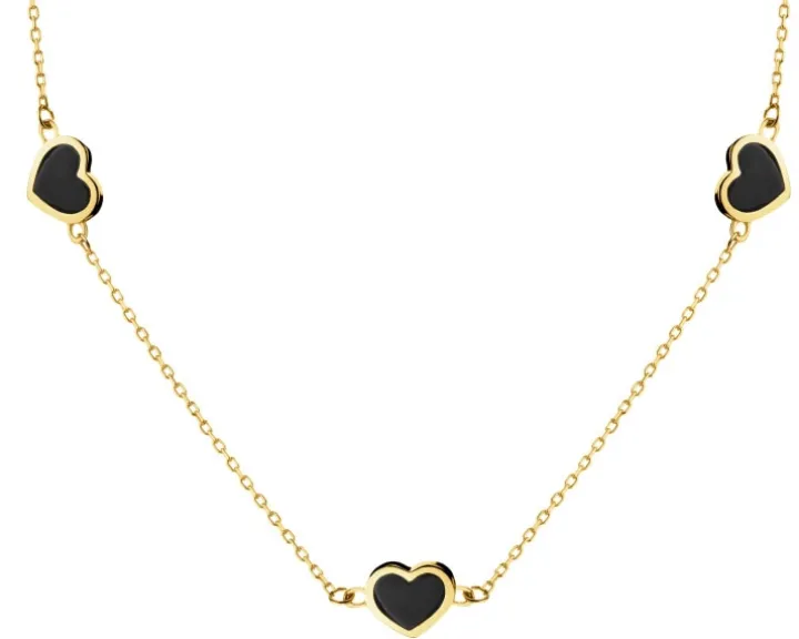 Złoty naszyjnik z onyksami syntetycznymi - serca