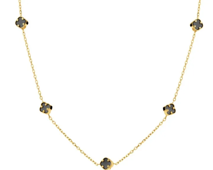 Złoty naszyjnik z onyksami syntetycznymi - koniczyny