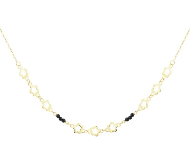 Złoty naszyjnik z onyksami syntetycznymi, ankier - kwiaty