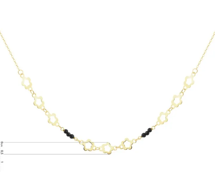 Złoty naszyjnik z onyksami syntetycznymi, ankier - kwiaty
