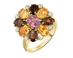 Złoty pierścionek z ametystem, cytrynami, kwarcami dymnymi i cyrkoniami - kwiat