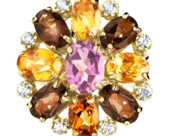 Złoty pierścionek z ametystem, cytrynami,  kwarcami dymnymi i cyrkoniami - kwiat