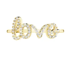 Złoty pierścionek z cyrkoniami - love