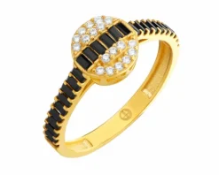 Złoty pierścionek z onyksami syntetycznymi i cyrkoniami