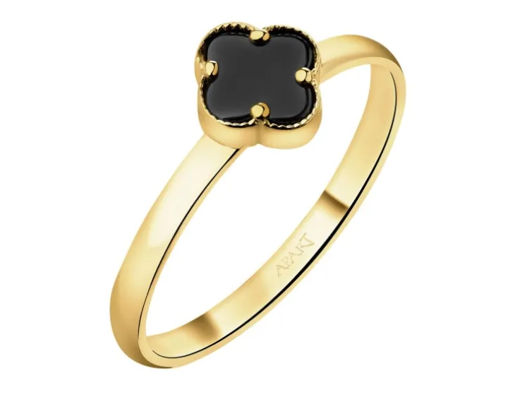 Złoty pierścionek z onyksem syntetycznym - koniczyna