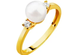 Złoty pierścionek z perłą i cyrkoniami