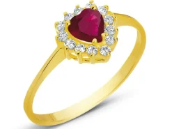 Złoty pierścionek z rubinem syntetycznym i cyrkoniami - serce