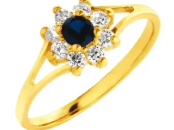 Złoty pierścionek z szafirem syntetycznym i cyrkoniami