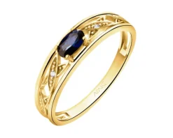 Złoty pierścionek z szafirem syntetycznym i cyrkoniami