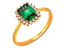 Złoty pierścionek ze szmaragdem syntetycznym i  cyrkoniami