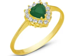 Złoty pierścionek ze szmaragdem syntetycznym i cyrkoniami - serce
